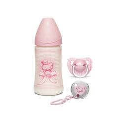 růžový set Toys - láhev 270ml + dudlík 0-6m + klip
