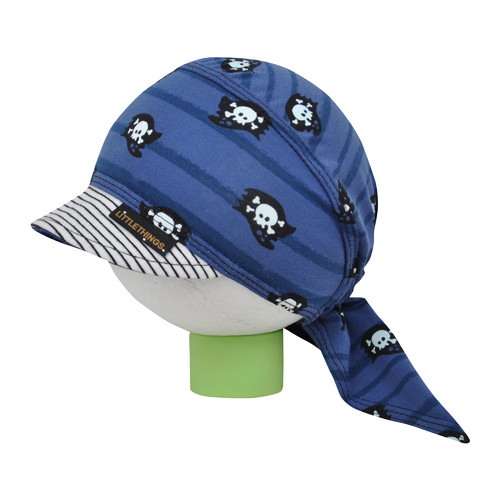 modrý pirátský šátek na hlavu s lebkami