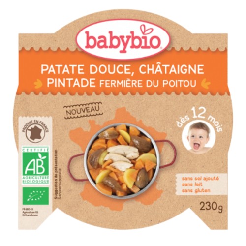 babybio sladké brambory s kaštanovým pyré a farmářskou perličkou od 12. měsíce, 230g