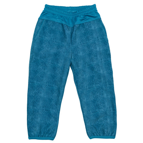 modré softshellové kalhoty s delším chloupkem