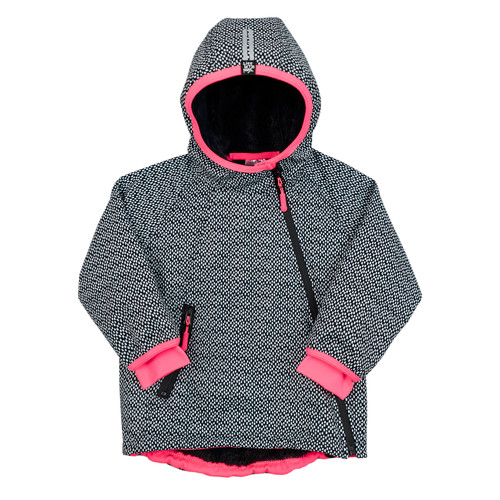 černo-růžová vzorovaná bunda ze softshellu s delším chloupkem
