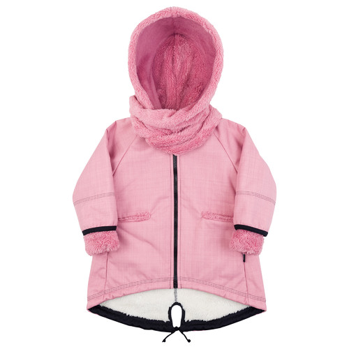 růžový softshellový kabátek s kapucí a šálou
