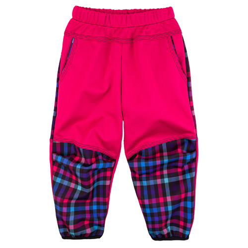 růžové softshellové kalhoty s kostkovaným vzorem